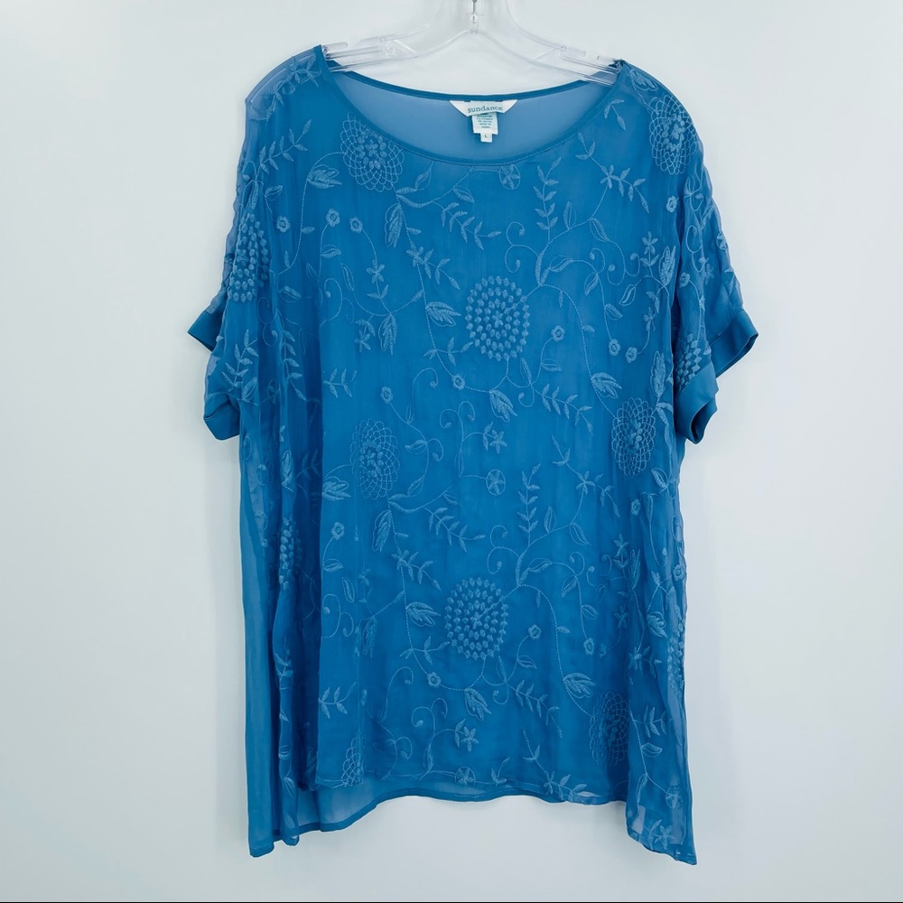 Sundance silk semi sheer floral embroidered blouse